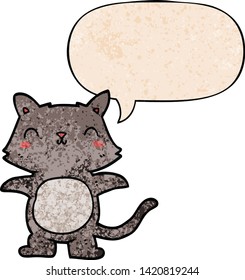 cartoon cat with speech bubble in retro texture style