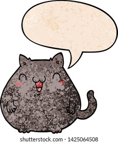 cartoon cat with speech bubble in retro texture style