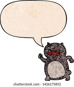 cartoon cat with speech bubble in retro texture style