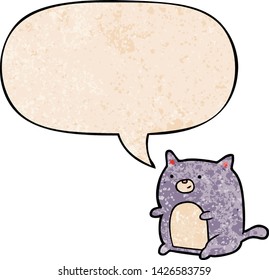 cartoon cat with speech bubble in retro texture style