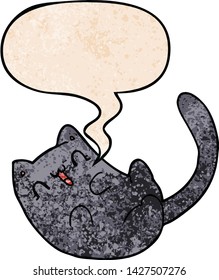 cartoon cat with speech bubble in retro texture style