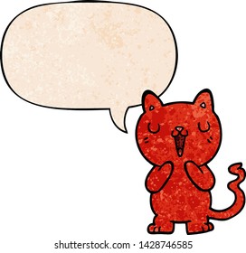 gato de dibujos animados con burbuja de habla en estilo de textura retro