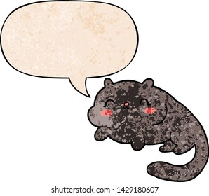 cartoon cat with speech bubble in retro texture style