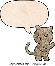 cartoon cat with speech bubble in retro texture style