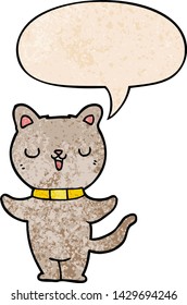 cartoon cat with speech bubble in retro texture style