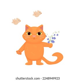 Cartoon cat. Spring image. The cat holds spring flowers, birds fly. Vector