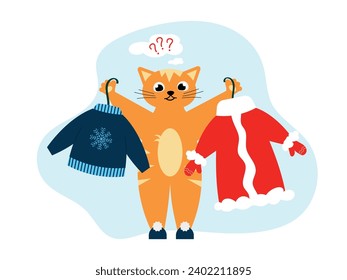 Cartoon cat stands upright and holds a sweater and Santa suit in its paws. The cat chooses clothes. Vector illustration for brochures, cards, stories