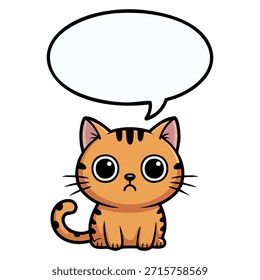 Gato de la historieta que mira fijamente con la etiqueta engomada de la burbuja del discurso aislada Ilustración vectorial en el fondo blanco