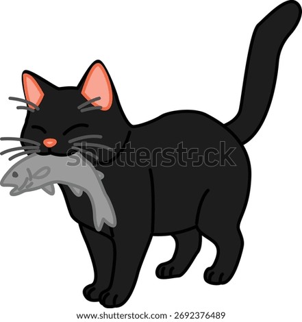 cartoon cat stealing. a black cat. biting or stealing fish. pet vector. stray cat. mascot illustration. Simple sticker design. cute character.