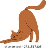 Cartoon cat stretching with arched back and raised tail in a playful pose
