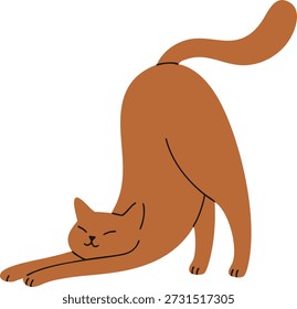 Gato de la historieta que se estira con la espalda arqueada y la cola levantada en una pose juguetona