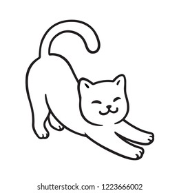 Cartoon cat stretching. Cute simple white cat drawing, vector line art illustration.