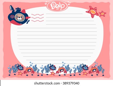 Cartoon a cat in a submarine with crab under deep water and sample text. paper note illustration vector.