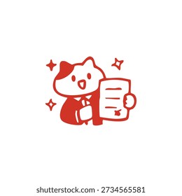 A cartoon cat in a suit holds a document and gives a thumbs-up.