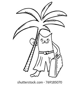 Cartoon cat with suitcase and palm tree in his hand. Summer holidays, vacation, trip. Graphic illustration with funny cat for travel posters, prints, clothes, banners, advertising, coloring book pages