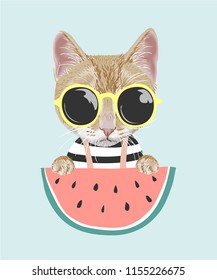 Cartoon Cat In Sun Glasses With Watermelon Illustration