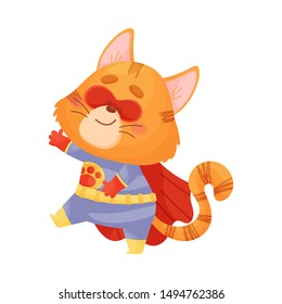 Cartoon cat superhero is coming. Vector illustration on a white background.