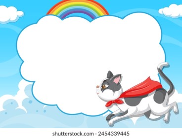 Cartoon cat in superhero costume flying in sky