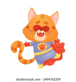 Cartoon cat superhero dancing. Vector illustration on a white background.