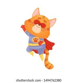 Cartoon cat superhero flies up. Vector illustration on a white background.
