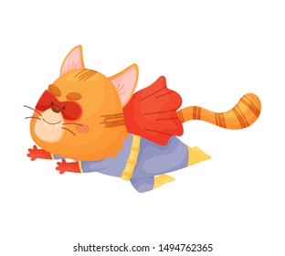 Cartoon cat superhero is flying fast. Vector illustration on a white background.