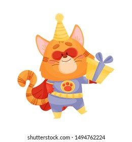 Cartoon cat superhero with a gift. Vector illustration on a white background.