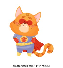 Cartoon cat superhero holds his hands on his belt. Vector illustration on a white background.