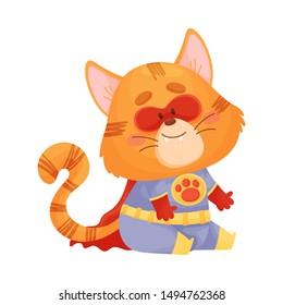 Cartoon cat superhero with a red cloak sits. Vector illustration on a white background.
