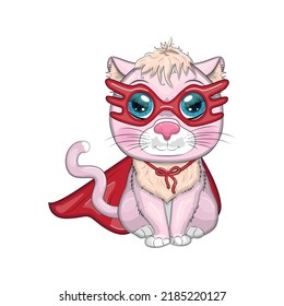 Cartoon cat superhero in a red cloak and mask. Cute child character, symbol of 2023 new chinese year.