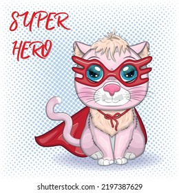 Cartoon cat superhero in a red cloak and mask. Cute child character, symbol of 2023 new chinese year.