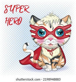 Cartoon cat superhero in a red cloak and mask. Cute child character, symbol of 2023 new chinese year.