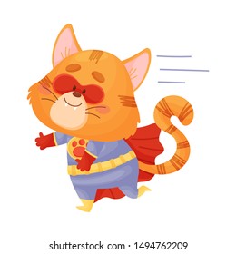 Cartoon cat superhero runs. Vector illustration on a white background.
