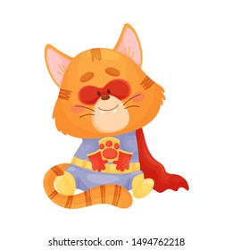 Cartoon cat superhero sits. Vector illustration on a white background.