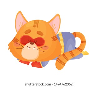 Cartoon cat superhero sleeping. Vector illustration on a white background.