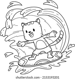 cartoon cat surfers coloring book. Isolated on white background. 