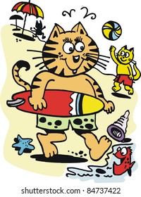 Cartoon cat surfing at beach