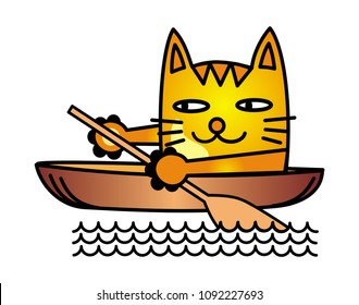 A cartoon cat swims in a boat and row with a paddle. Yellow orange drawing. Vector graphics