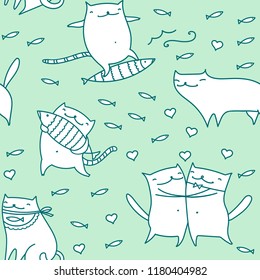 Cartoon cat symbols seamless pattern. Cute kawaii kitten animals background. Active sports, holiday, vacation icons. Emotion emoji vector icon set.