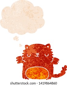 cartoon cat with thought bubble in grunge distressed retro textured style