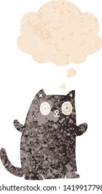 cartoon cat with thought bubble in grunge distressed retro textured style