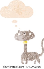 cartoon cat with thought bubble in grunge distressed retro textured style