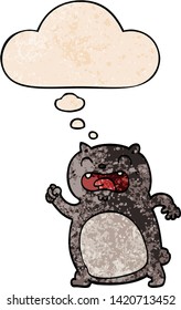 cartoon cat with thought bubble in grunge texture style