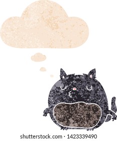 gatito de dibujos animados con burbuja de pensamiento en un estilo retro angustiado con textura gruesa