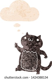 cartoon cat with thought bubble in grunge distressed retro textured style