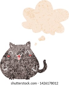 cartoon cat with thought bubble in grunge distressed retro textured style