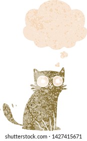 cartoon cat with thought bubble in grunge distressed retro textured style