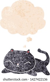 cartoon cat with thought bubble in grunge distressed retro textured style