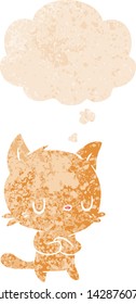 cartoon cat with thought bubble in grunge distressed retro textured style