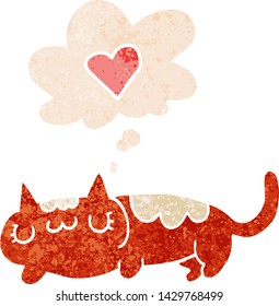 cartoon cat with thought bubble in grunge distressed retro textured style