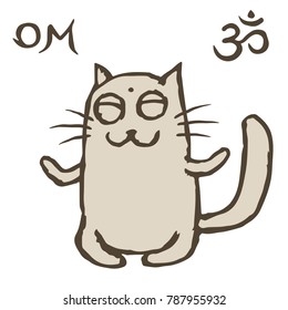 Cartoon cat Tik sits immersed in nirvana. Om sign and symbol. Vector illustration